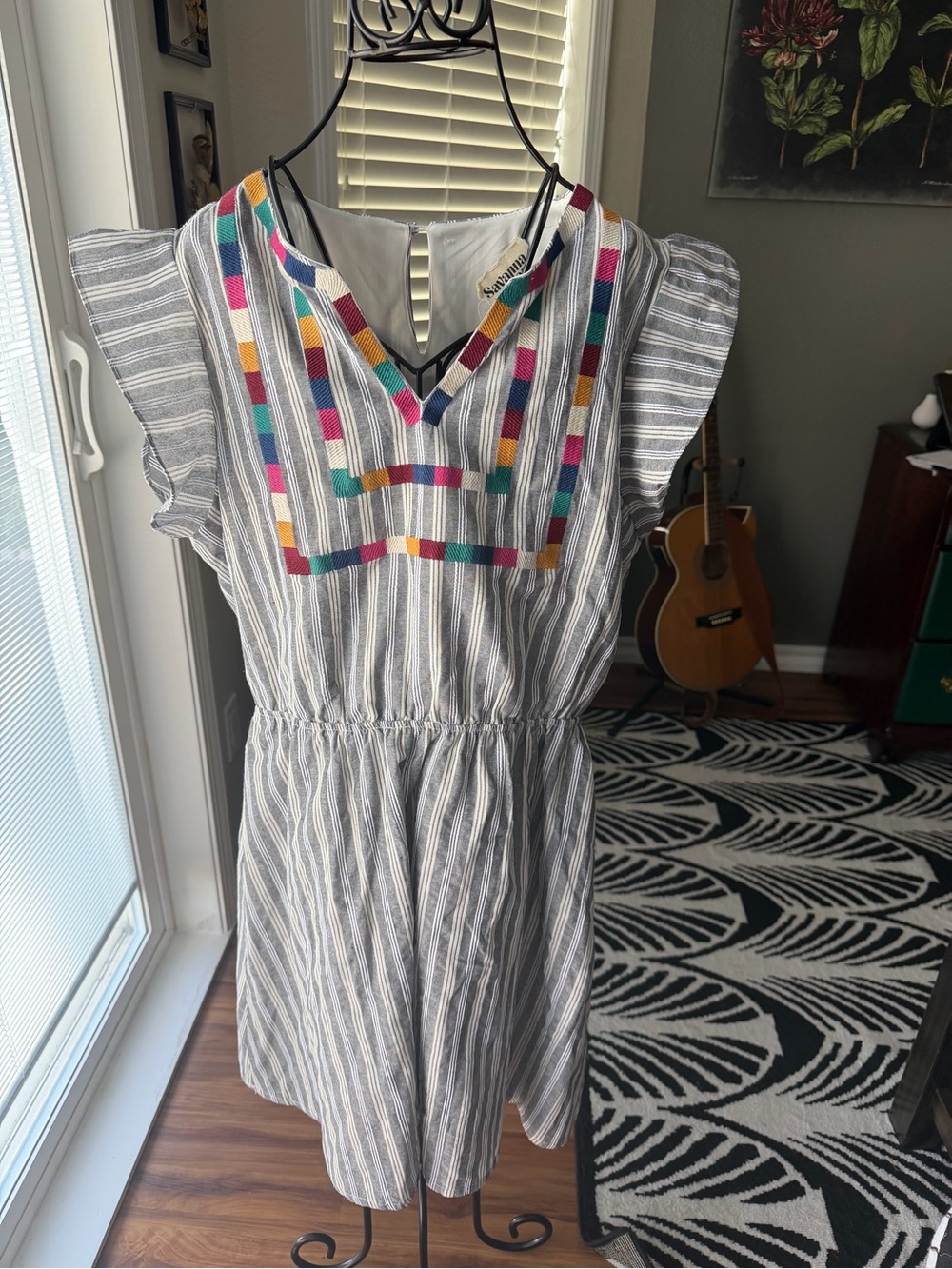 Savanna Jane Striped Cotton Dress with Multicolor Embroidery